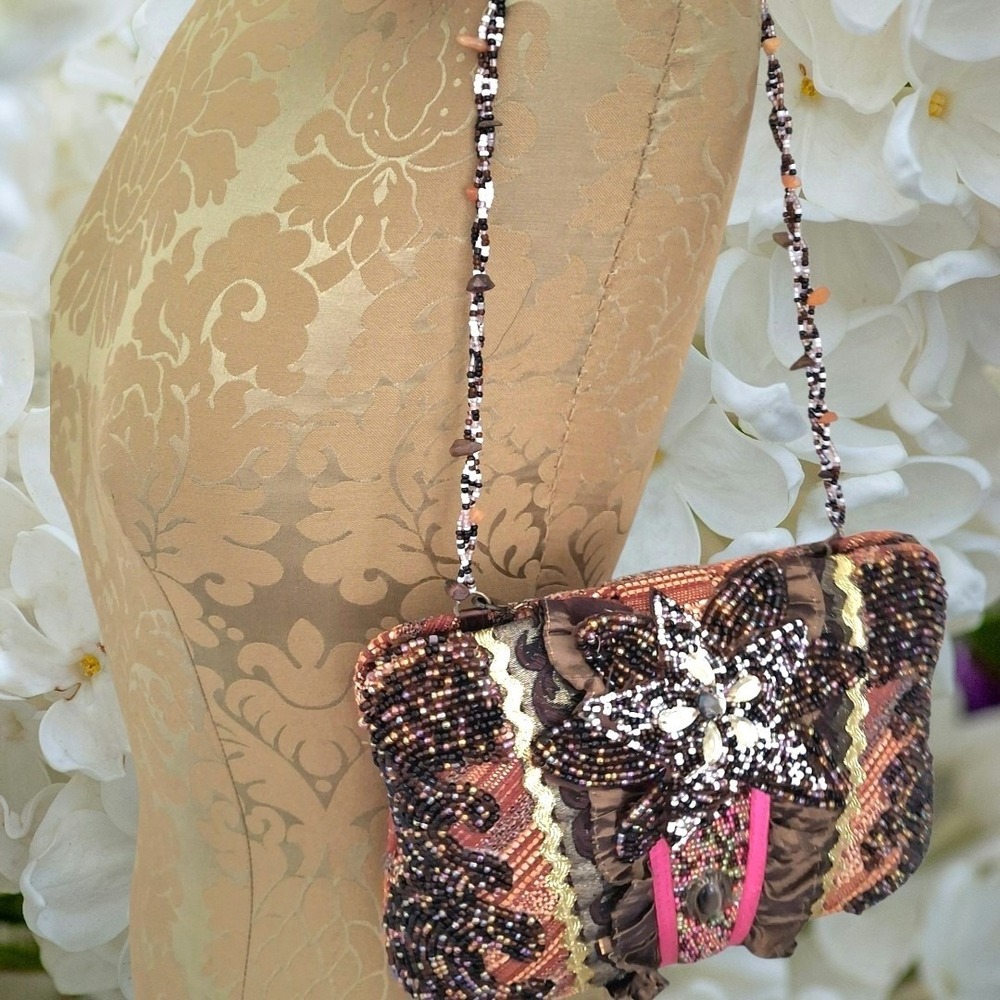 Y2K Vtg Beaded Tapestry Embellished Hard Shell Mary Francis Style Crossbody Bag